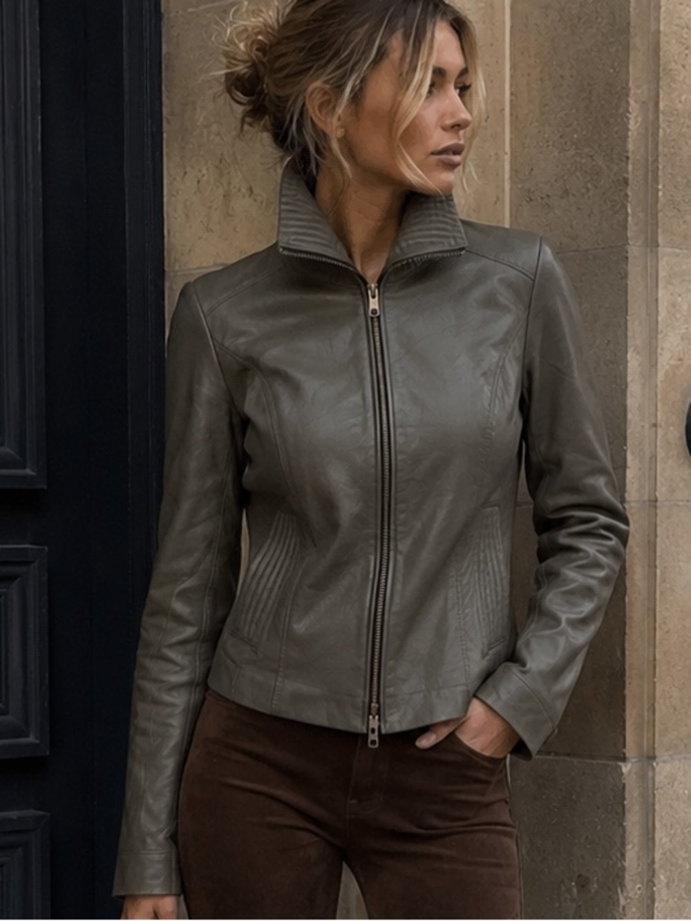 Women’s Olive Green Leather Zip-Front Jacket